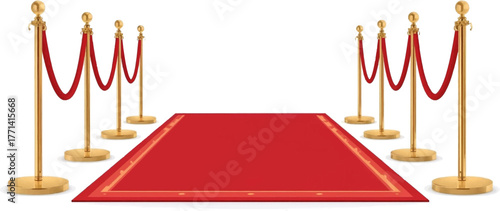 A vibrant red carpet with golden stanchions and velvet ropes, leading the way to an exclusive event or celebration, isolated on a white background.