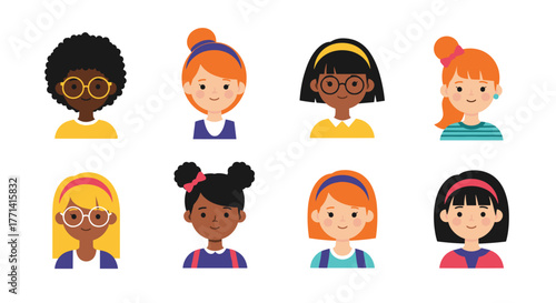 Diverse group of eight smiling cartoon girls with various hairstyles and accessories for avatars.