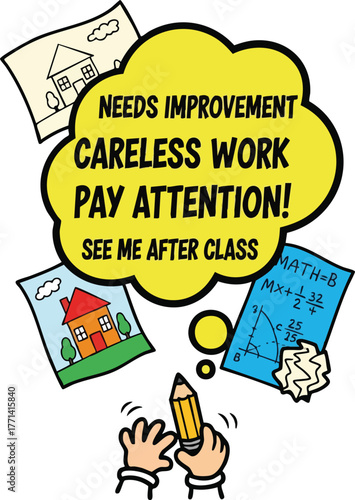 Student Thoughts Of Needs Improvement Careless Work Pay Attention See Me After Class With Math And House Drawings