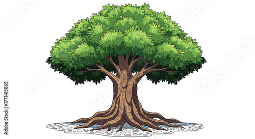 Detailed cartoon illustration of a large, mature tree with a dense green foliage and extensive surface roots, isolated on white.