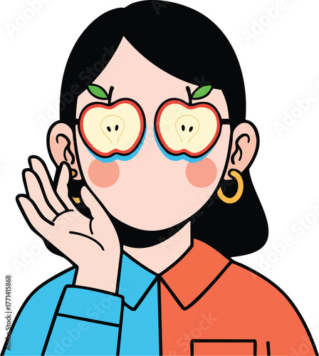 Stylized Woman With Apple Slice Glasses and Blue and Orange Outfit Against White Background