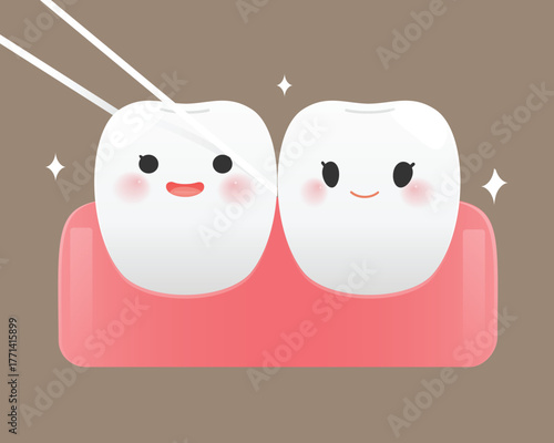 Teeth cleaning. Cute cartoon teeth showing proper dental hygiene with flossing and big smiles. Perfect for children’s dental care, oral health, and educational content. Dental floss