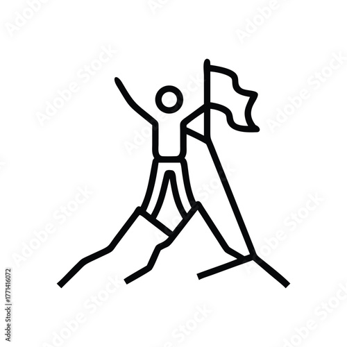 Triumphant person with raised arms standing atop mountain peak holding flag line art icon