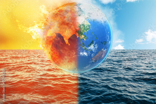 Fototapeta Naklejka Na Ścianę i Meble -  Climate change extreme weather concept earth globe split between hot fire and cold ice ocean. Elements of this image furnished by NASA