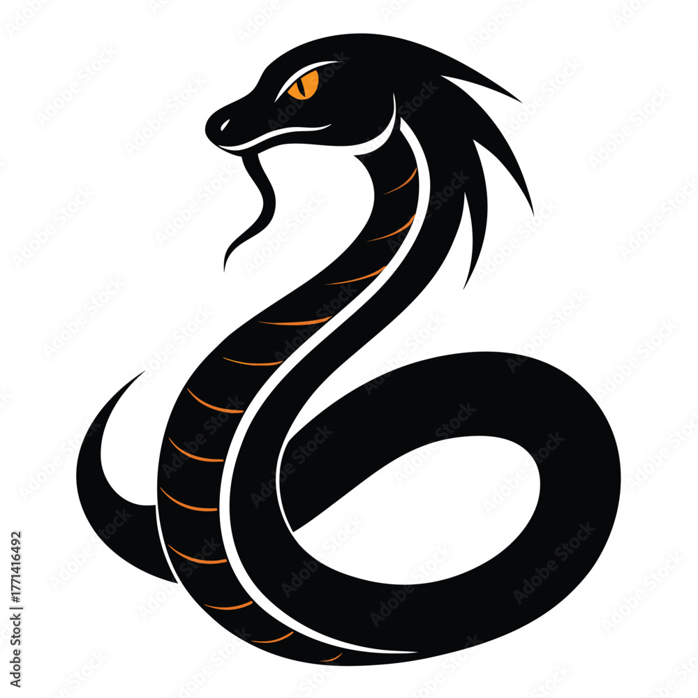 Obraz premium cobra snake vector logo, aggressive reptile design with orange details. Isolated serpent mascot illustration or tattoo art.