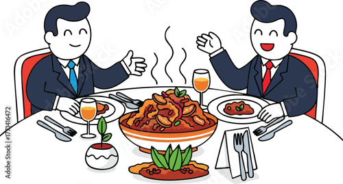 Two Smiling Men in Suits Enjoying A Meal Together At A White Table With A Large Bowl Of Food In The Center