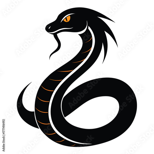 cobra snake vector logo, aggressive reptile design with orange details. Isolated serpent mascot illustration or tattoo art.