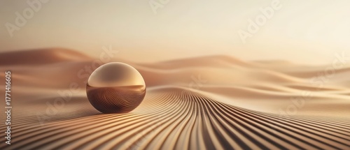 Microscopic sphere on rippled desert sand reflecting warm sunlight, suggesting advanced materials and nanotechnology in arid environments.