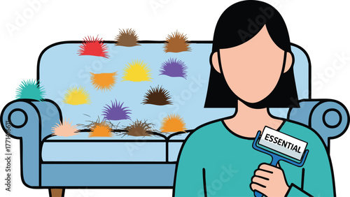 Woman Holding Lint Roller With Colorful Pet Hair On Light Blue Sofa With White Background