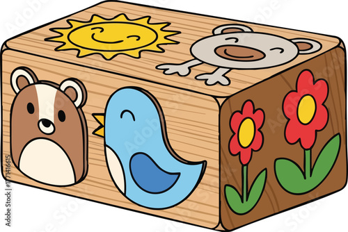 Wooden Shape Sorter Toy With Sun Bear Bird And Flower Illustrations On White Background
