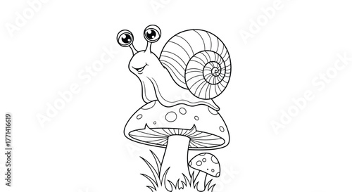 A whimsical cartoon snail with big eyes and a spiral shell sits atop a spotted mushroom in a grassy scene, perfect for coloring.