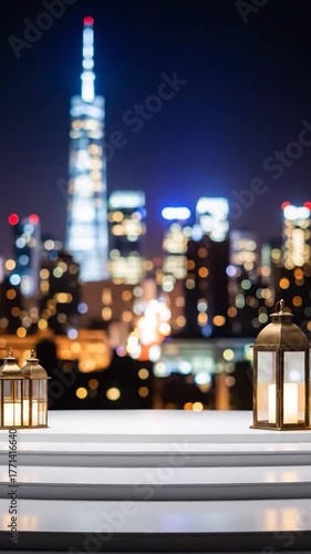 Candles illuminate foreground with blurred city skyline at night. Lanterns, buildings, lights