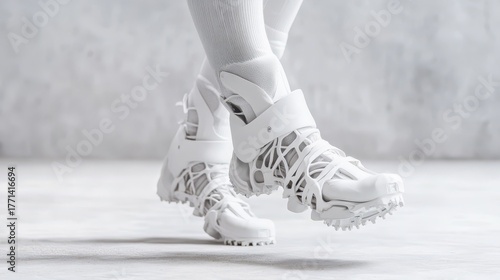 Futuristic white footwear with intricate lattice design, advanced materials, showing forward motion on a textured concrete surface, reflecting nanotechnology innovation.