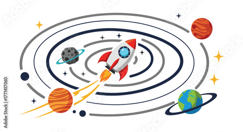 A vibrant cartoon rocket explores a stylized galaxy, surrounded by colorful planets, twinkling stars, and swirling orbital paths, representing space adventure.