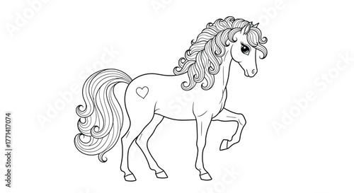 A charming, elegant cartoon horse with a flowing mane and tail, featuring a heart on its flank, stands gracefully.