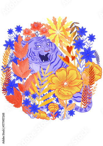TIGER JUNGLE blue, YELLOW  and red flower