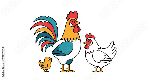 A charming cartoon illustration of a happy chicken family, featuring a proud rooster, a gentle hen, and their adorable little chick standing together.