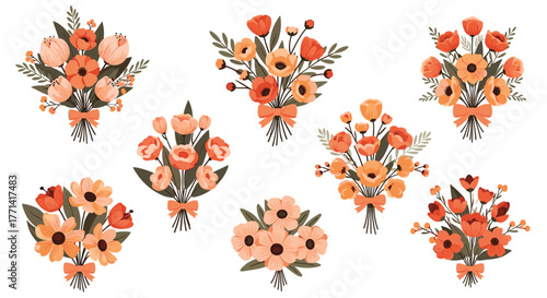 Decorative collection of rustic bouquets featuring orange and peach flowers with green leaves and ribbon ties, isolated on white.
