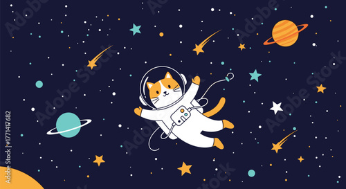 A charming cartoon cat astronaut in a white suit drifts peacefully among the twinkling stars, distant planets, and vibrant shooting stars in deep space.