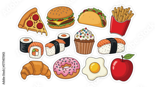Vibrant food and drink sticker design with various elements