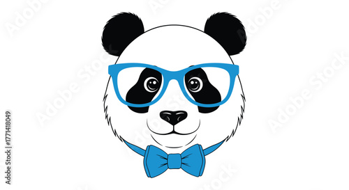 A cute cartoon panda head with black ears and eye patches, wearing stylish blue-framed glasses and a matching blue bow tie, on a white background.