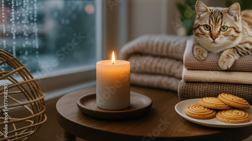 Cat relaxing on cozy blankets beside lit candle and cookies -