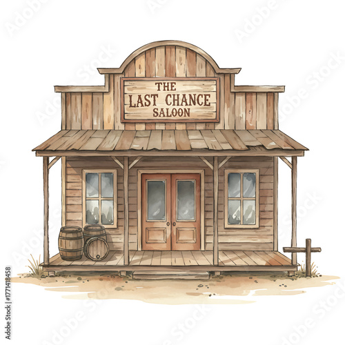 Watercolor Illustration of a Western Saloon Building with watercolor illutrastion transparent background
