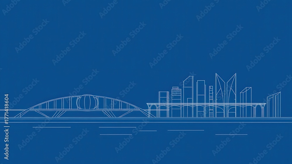 Naklejka premium Stunning blueprint style skyline with modern architecture and iconic bridge, perfect for engineering presentations, architectural design firms, or urban planning projects