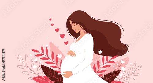 A serene pregnant woman with long flowing hair, cradling her baby bump surrounded by delicate floral elements and floating hearts, embodying love and anticipation.