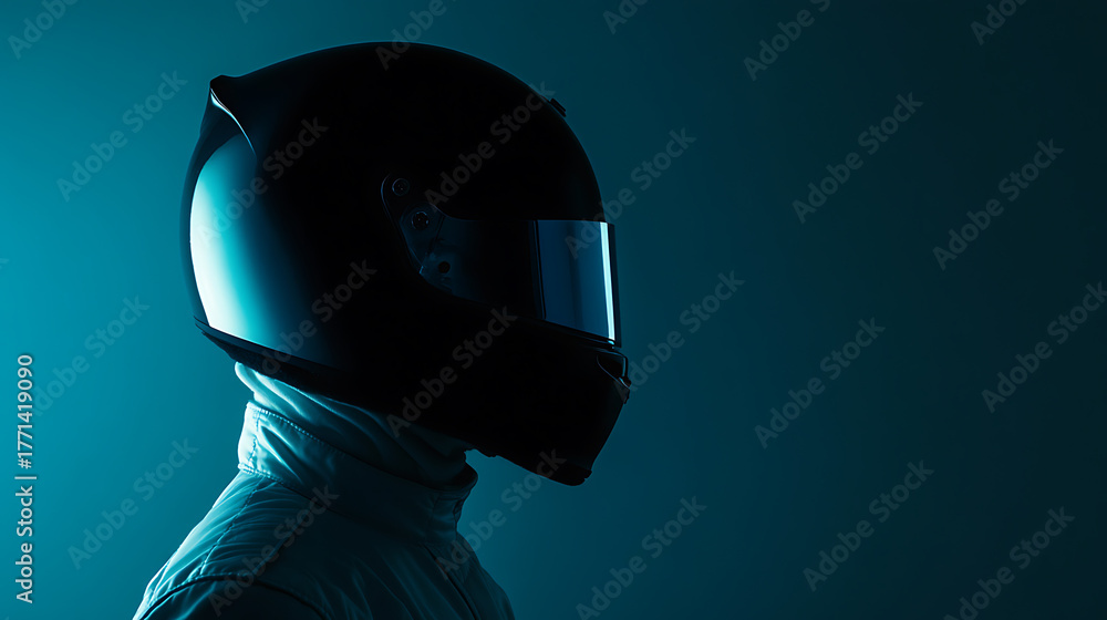 Fototapeta premium A person wearing a dark helmet, possibly a racer or pilot, stands in profile against a blue background. The helmet's sleek design suggests speed and high performance.