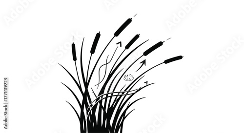Whimsical black and white illustration of reeds swaying in the wind with subtle artistic flourishes