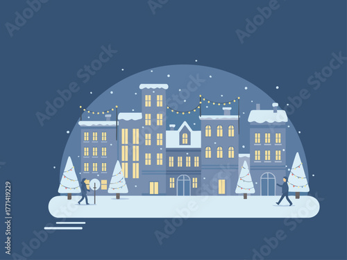 Flat vector illustration of a snowy winter cityscape at night. Quiet Christmas or New Year night in the city with snow and lights. Winter town street scene with people, snow-covered buildings, trees