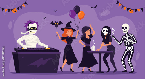 Halloween party with vibrant costumes, mummy DJ, witch, skeleton, and dancing friends celebrating at a festive gathering with fun decorations