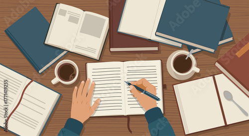 Start your day with creative journaling and coffee in a cozy workspace, inspiring mindfulness and focus for writing projects or personal reflection