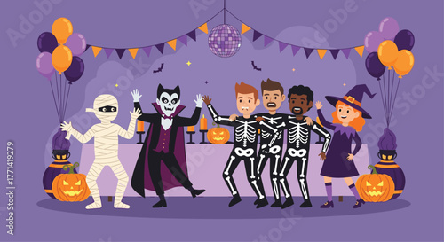 Spooky Halloween party with friends in costumes having fun with pumpkins, balloons, disco ball and decorations in a fun and exciting celebration