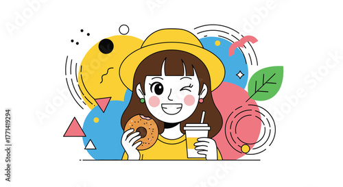 A cheerful cartoon girl winks happily while holding a delicious donut and a refreshing drink, surrounded by colorful abstract shapes.