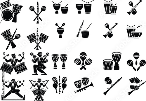 Musical Instrument Icon Set – Drums, Maracas, and Clarinet Percussion and Wind Instrument Silhouette Collection