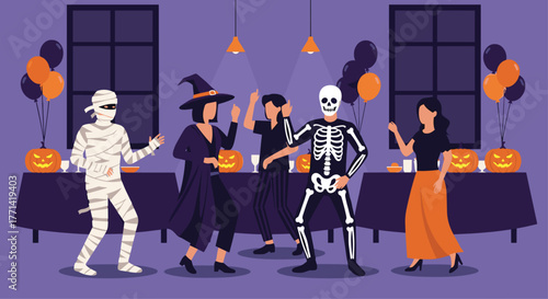 Join the Halloween Fun with Friends at a Spooky Costume Party Celebration with Pumpkins, Balloons, and Festive Vibes for a Memorable Evening