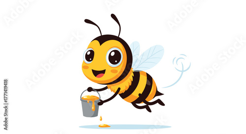 A cheerful cartoon bee flies while carrying a bucket overflowing with golden honey, dripping delicious sweetness on the ground below.