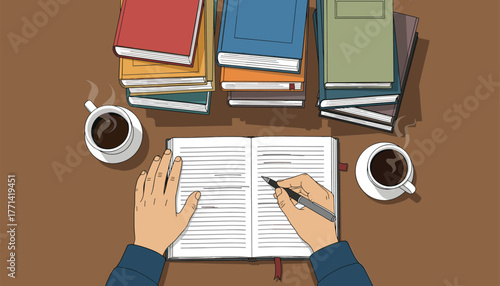 Inspiring writer drafting novel with steaming coffee and colorful books for creative inspiration in cozy workspace, ideal for blog content