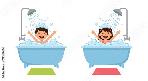 Two happy children, a boy and a girl, joyfully taking a bubble bath under a shower, surrounded by suds and splashing water.