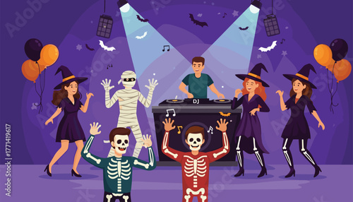 Spooky Halloween party with DJ and ghoulish costumes for a hauntingly good time, perfect for event promotions or social media campaigns