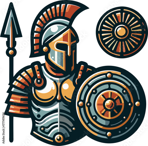 Detailed Spartan Warrior Armor Vector Illustration – Metallic Greek Helmet, Shield, and Spear with Gold Red Accents