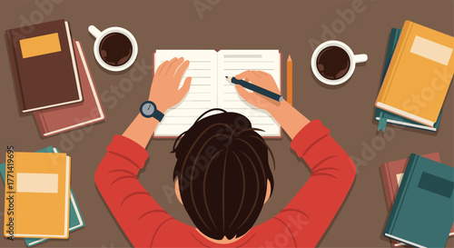 Student studying with coffee for peak performance, surrounded by books and notes, illustrating focus, learning, and academic success in education
