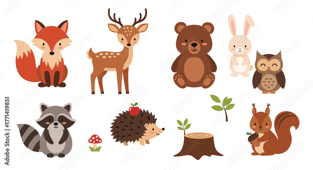 Obraz premium Adorable collection of cartoon forest animals including a fox, deer, bear, rabbit, owl, raccoon, hedgehog, and squirrel illustrations.