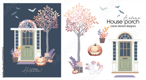 Autumn house porch. A ready-made card with a set of vector elements for independent designs in a flat style. Vector digital illustration on a Halloween theme.