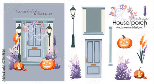 Autumn house porch. A ready-made card with a set of vector elements for independent designs in a flat style. Vector digital illustration on a Halloween theme.