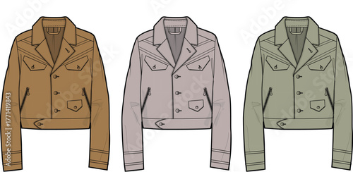 Versatile men's short jackets in three distinct colorways, offering a range of stylish outerwear options for fashion design and apparel development, perfect for urban and casual wear collections