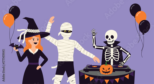 Halloween party with a witch, mummy and skeleton DJ playing music with balloons and a pumpkin in a vibrant cartoon style for social media