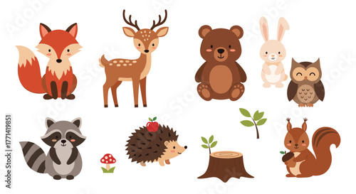 Adorable collection of cartoon forest animals including a fox, deer, bear, rabbit, owl, raccoon, hedgehog, and squirrel illustrations.